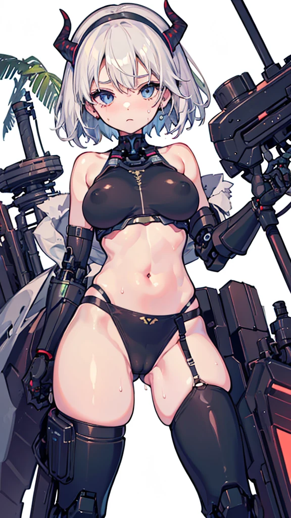 1 girl, high quality, (short hair), forehead, (medium breast), (straps on thighs:1.3), white background, plants, (stocking), (sweaty:1.1), (nipples:0.8), thick thighs, (middle Ages:1.2), (cameltoe:1.1), suit, stomach, (cyborg:1.2), (armor), white hair, hair band, horns