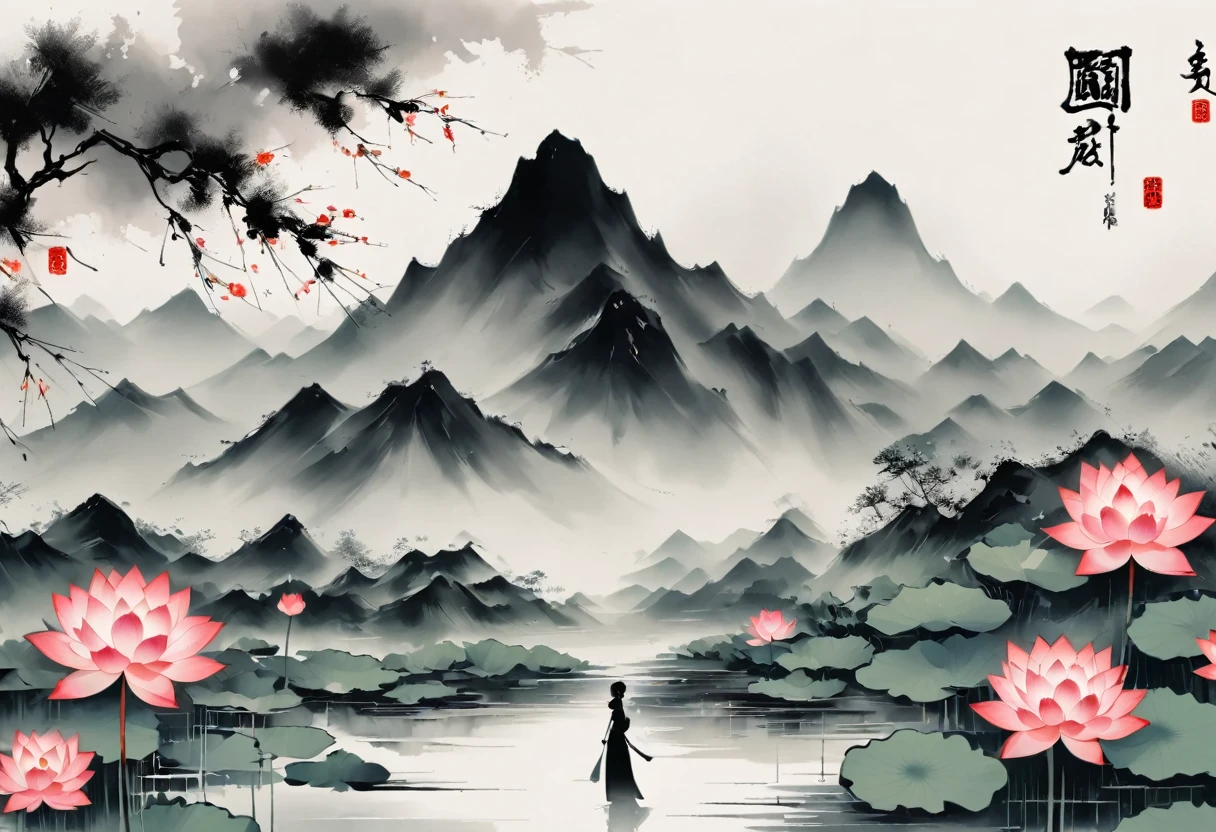 大量留White，White, White色背景, simple, Minimalism, Abstract,Mode，Aesthetic，黑与White，Ink Painting，，Lotus，Mountain，Girl drinking tea in the distance
