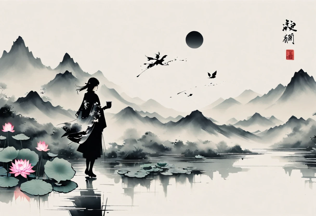 大量留White，White, White色背景, simple, Minimalism, Abstract,Mode，Aesthetic，黑与White，Ink Painting，，Lotus，Mountain，Girl drinking tea in the distance