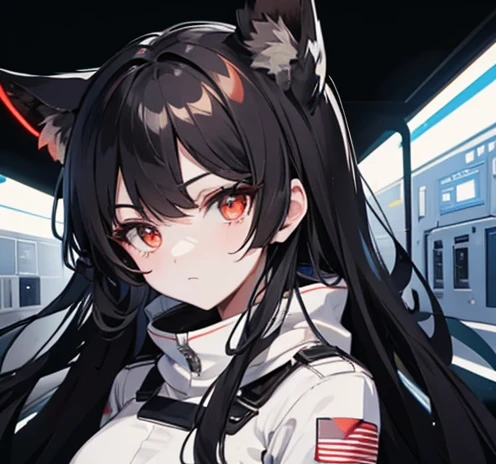 A strong girl with long black hair and red eyes On a high tech space ship.