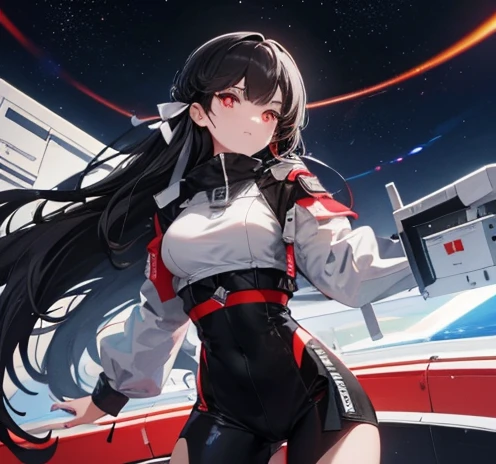 A strong girl with long black hair and red eyes On a high tech space ship.