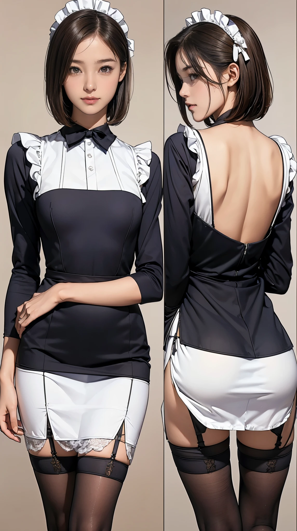 ((masterpiece)),(((highest quality))),((Reference Sheet, Character Design, front, return, ~ ~ side, Mr..々Hairstyle, Mr..々Performance, Facial Expressions)), 14-year-old girl, Cute type, The best smile:1.5,(Very slim:1.4), (Very small ass:1.4), Realistic buttocks, Medium chest,Short brown hair with side waves,Short Bob, Thin thighs, Long legs, It's not a big deal, ((Dress and stockings, Gorgeous maid, Maid clothes,Hair Ribbon)), ((Browsing Caution:1.0))