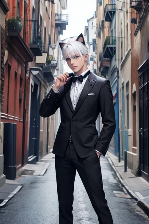 Man, white hair, blue eyes, cat ears, black cat outfit ,Boy, male, in action 