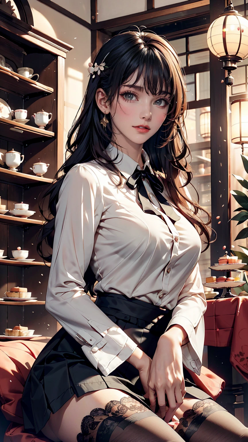 24 year old Japanese woman、Beautiful glossy black hair、cute、Put a ribbon on your head、Sexy proportions、Wear a high-necked blouse decorated with lace、Wear a tight skirt、Wear black stockings、Enjoy tea time in a stylish sweets shop、There are lots of cakes and fruits on the table in front of me.、smile