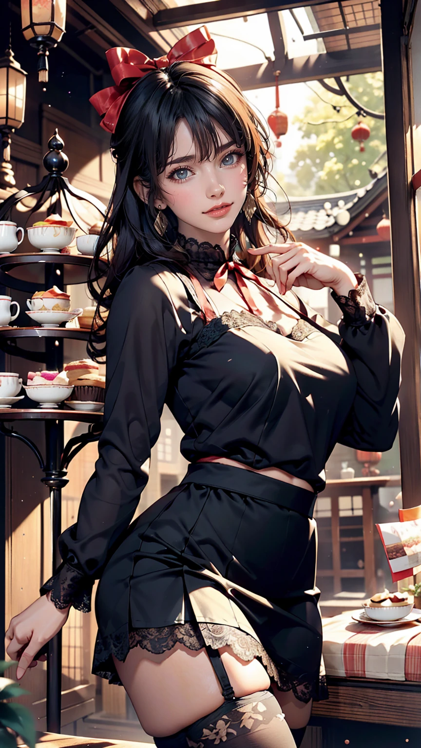 24 year old Japanese woman、Beautiful glossy black hair、cute、Put a ribbon on your head、Sexy proportions、Wear a high-necked blouse decorated with lace、Wear a tight skirt、Wear black stockings、Enjoy tea time in a stylish sweets shop、There are lots of cakes and fruits on the table in front of me.、smile