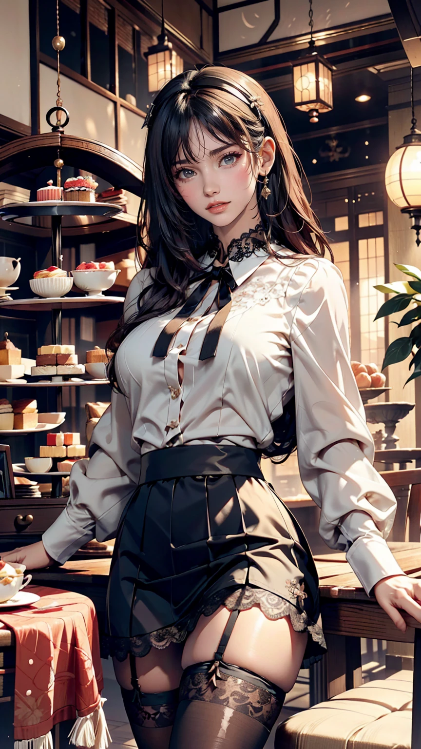 24 year old Japanese woman、Beautiful glossy black hair、cute、Put a ribbon on your head、Sexy proportions、Wear a high-necked blouse decorated with lace、Wear a tight skirt、Wear black stockings、Enjoy tea time in a stylish sweets shop、There are lots of cakes and fruits on the table in front of me.、smile