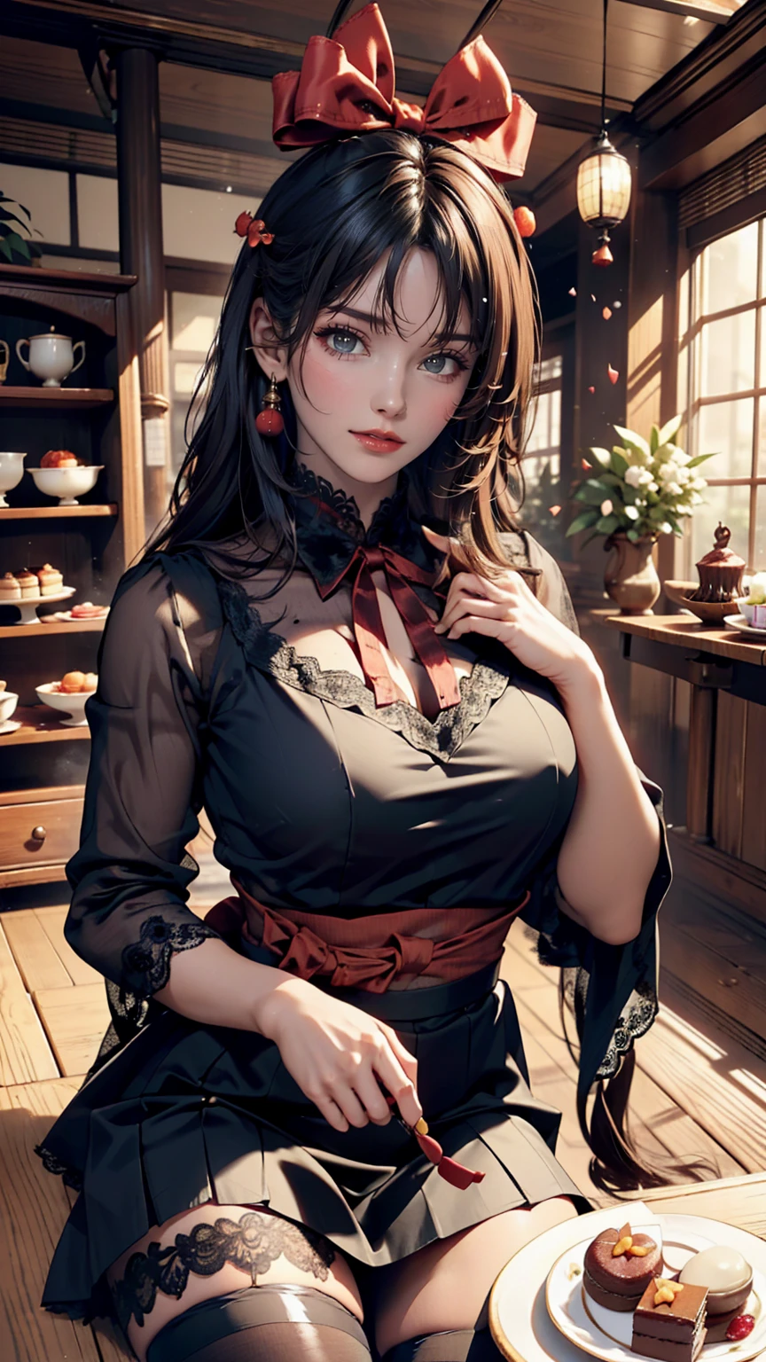 24 year old Japanese woman、Beautiful glossy black hair、cute、Put a ribbon on your head、Sexy proportions、Wear a high-necked blouse decorated with lace、Wear a tight skirt、Wear black stockings、Enjoy tea time in a stylish sweets shop、There are lots of cakes and fruits on the table in front of me.、smile