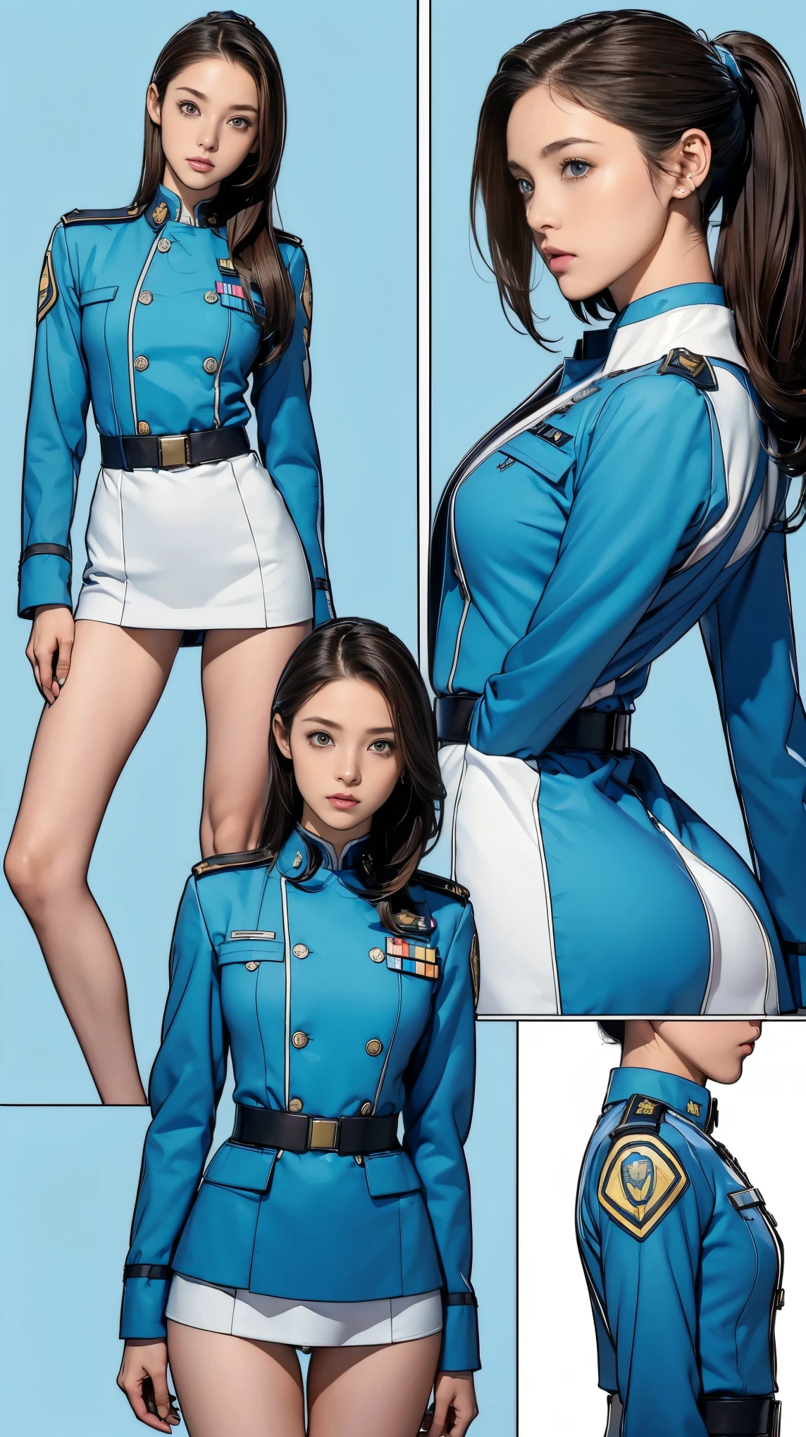 ((masterpiece)),(((highest quality))),((Reference Sheet, Character Design, front, return, ~ ~ side, Mr..々Hairstyle, Mr..々Performance, Facial Expressions)), 14-year-old girl, Cute type, (Very slim:1.4), (Very small ass:1.4), Realistic buttocks, Medium milk, Short brown hair,Thin thighs, Long legs, It's not a big deal,(A female Earth Federation officer is walking), (Wearing Earth Federation military uniform, White and light blue military uniform),(Worn by federal government employees'White Hat:1.5)