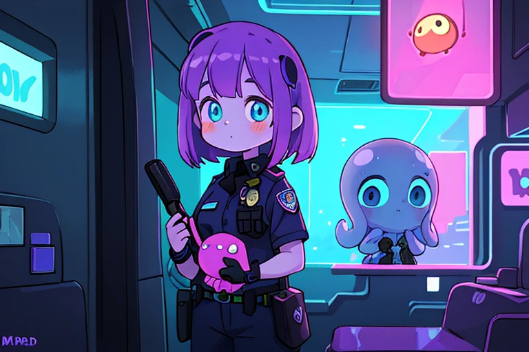 High resolution,high quality,１girl,(１Martian),Octopus-shaped alien,Girl is a police officer,Martian is the Sheriff,purple Hair,white  Skin,blue eyes,Sci-fi-like buildings,Neon Light