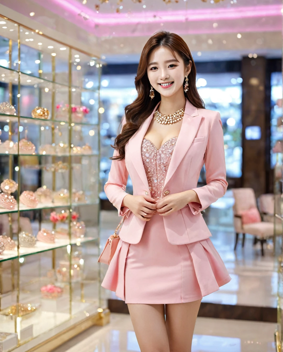 Full body of beautiful korean female, 34 inch breasts size, cheerful smile, Height 172 cm,wearing pink suit, and short skirt, in a luxury jewelry store,, bokeh background, UHD