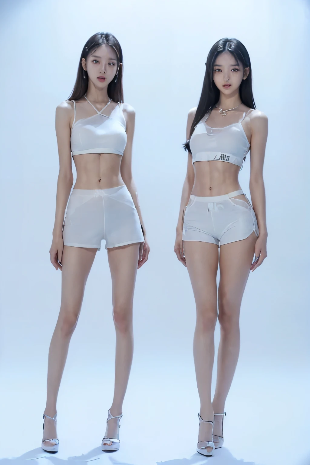 (8k、Raw photo、最high quality、masterpiece:1.5),((((Both of them stand with their legs apart:1.9)))),(((Both of them have an inseam that is more than half their height.:1.6))),((Both of them have bare legs.:1.3)),((Both of them are extremely slim:1.2)),((((Both girls look just like WONYOUNG from the K-pop group IVE.:1.9)))),((Both of them have very long, slender legs.:1.6)),((Both are 173cm tall:1.4)),((The two have perfect supermodel style:1.3)),(((((Both of them take full body shots:1.8))))),(((Both of you should face your whole body straight ahead.:1.8))),((Photographed from below to show the whole body of the legs so that they look longer.:1.6)),Skin irregularities are reproduced in minute detail:1.4, (Super thin waist: 1.2), Thin buttocks,Open the navel,1Detailed reproduction of the navel,(完璧なSuper thin thighs),(both of them are the same height:1.3),(((Both of them have amazingly slim figures.))),((Both of them are wearing super micro mini shorts.:1.4)),((Both are )),(((Both of them are extremely exposed.:1.5))),((Both of them have super-strong abs:1.9)),(Both of them are wearing short, see-through white camisoles.:1.4),(Big but no bra),(((Both of their erect nipples are visible through the fabric.))),(Both of them are covered in sweat),Highly detailed face and skin texture,(Both of you stand with your legs straight and without bending your knees.:1.3),(They're both the same height:1.3),((((Sunny afternoon:1.3)))),((((Standing on the sidewalk in front of a stylish, upscale restaurant:1.5)))),Both are fair-skinned Asians,,Both of them have beautiful eyes,,Both of them have beautiful eyes,,They both have beautiful noses,,Both have beautiful mouths,,They both have beautiful fingers,nail,,Both of them have beautiful faces.,,Both of their beautiful faces are realistically reproduced.,((Both of them look just like WONYOUNG from the K-pop idol IVE.:1.8)), (Ultra-Realistic Details), Natural Shadows,(Very small hips:1.3),Large firm breasts, Super long thighs,(Super thin thighs),(Super slim calves),((Small Ass)),(Both of them have the slender bodies of well-trained track and field athletes.:1.5),(Super muscular body:1.5),Super toned waist,(Super thin waist:1.3),((White high heels)),lengthen limbs,(Shooting the whole body from calf height:1.5),(Both of them have slim, toned ankles.:1.2),(((Wide open abdomen:1.5))),Hands on hips,Both of them face forward,The crotch area is clearly and precisely reproduced,Super long arms,Thin hands,Bare knees,Bare thighs,Bare calves,(Black hair ponytail),((Both of them stand up straight.)),(Keep your hips facing forward:1.5),2人とも8頭身スタイルBeauty,Very thin ankles,The arms are very slender and muscular,The legs are super slender and muscular,Make your arms thinner,Thighs with beautiful skin,Beautiful skin on the calves,Super slim and muscular legs,Both of them have super long legs.,Each toe is accurately reproduced,The middle of the thighs are very thin,(Super muscular and extremely slim calves),(Super muscular and slim thighs),(Very tight waist:1.2),((Both of them have an inseam that is more than half their height.の美脚:1.5)),Extremely thin thighs,Beauty,Fine skin,Firm skin,(((Both of them should fit from the top of their heads to the toes of their heels.:1.5))),(((Both have beautiful legs))),(Both of them are super muscular and have slim legs.:1.2),(toned thin legs:1.2),((Dazzling Midsummer)),Front lighting,((A little overexposed)), Super detailed, High detail, high quality, Awards,High resolution,(((Anatomically correct:1.5)))