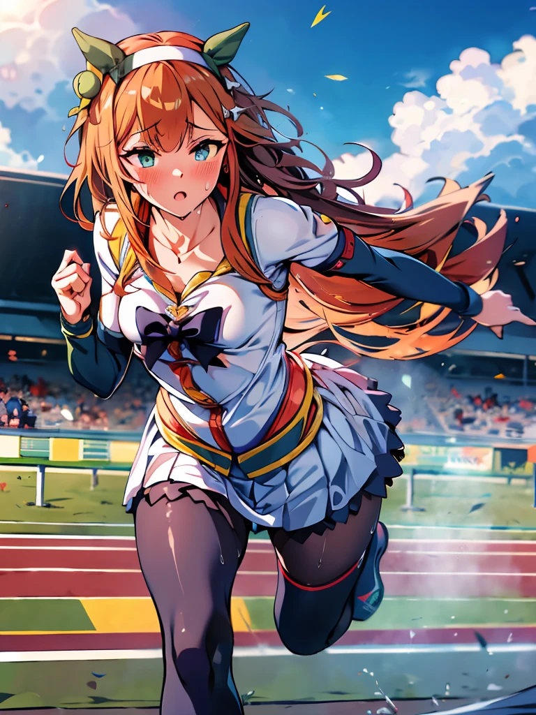 Many daughters、大声でshout、shout、Best image quality、High resolution、masterpiece、super high quality、Arena、Racetrack、The wind is blowing、Run、颯爽とRun、Sweaty、Very short pleated skirt、Heavy breathing、Blushing、4K quality、Black Pantyhose、Voluptuous thighs