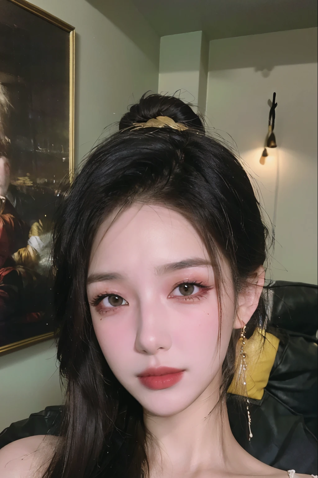 (masterpiece), (extremely complex:1.3),, (8K, Reality, RAW photos, best quality: 1.4),(Practical),Number of photos, 1 girl in,Highly detailed face and skin textures, Delicate eyes, Realistic eyes, 美丽Delicate eyes, (Realistic skin), attractive,Clear facial features, Pretty Face, (Realistic face),Realistic eyes, 美丽Delicate eyes, (Realistic skin), Beautiful skin, Black Hair, Ultra-high sharpness, Surrealism, Very detailed, Golden Ratio,Big watery eyes, Big watery eyes, Delicate face, Leaking out of the ear,Hair tied behind ears,Hair does not cover the face,eyes to camera, Clear focus, Front view of the face((South Korea, Head close-up))