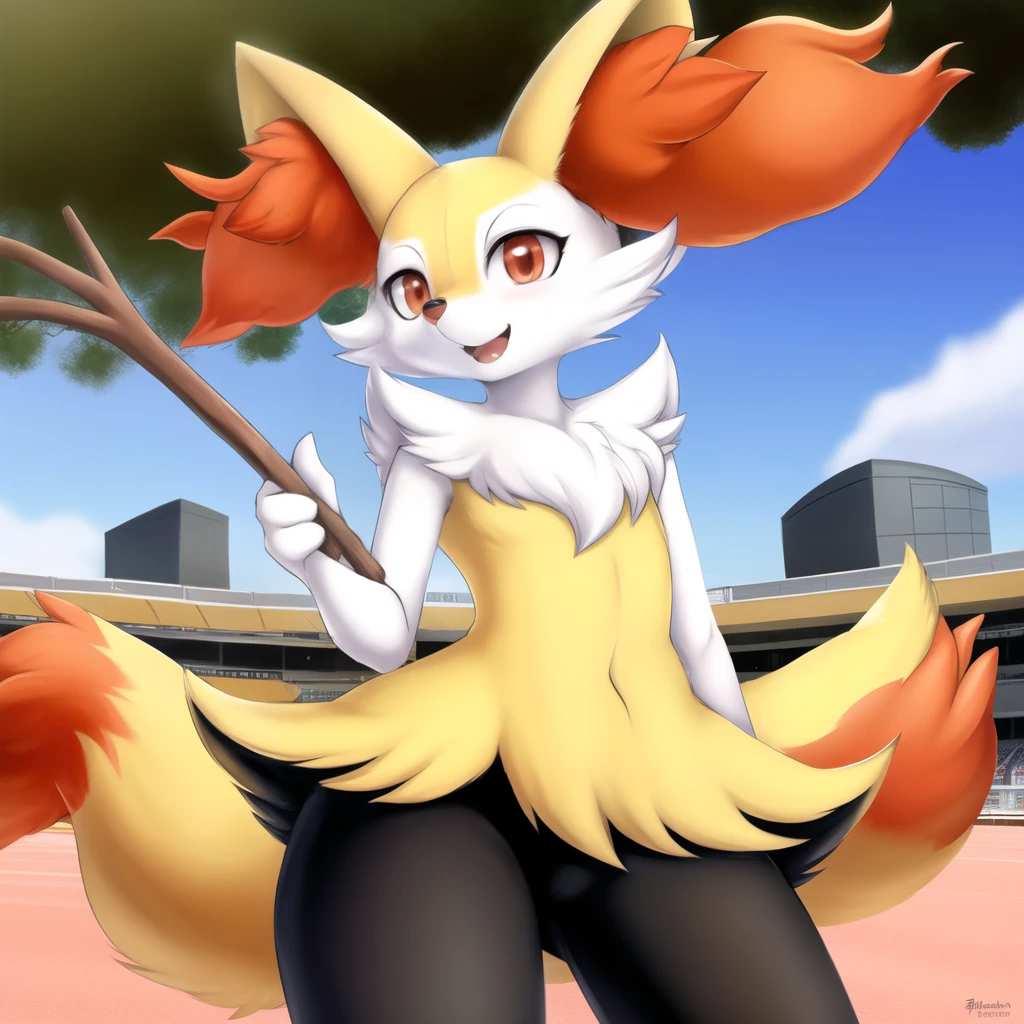 anime, 1girl, masterpiece, best quality, braixen, pokemon, yellow fox,  detailed, short muzzle, fluff ears, [red eyes], detailed eyes, outside, stadium, running, daylight, anatomically correct, stance, furry, stick, fluffy tail