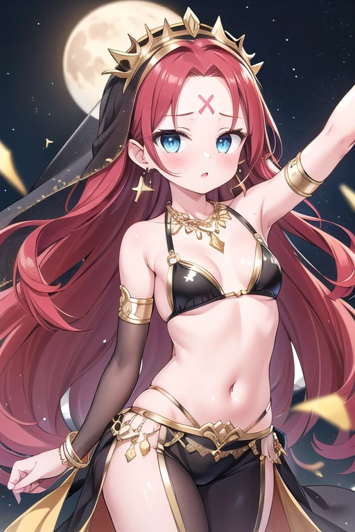 One Girl, A girl is posing for a photo, pretty girl, Enchanting girl, Beautiful Anime Girls, (((A young, short ))),
((Red hair, Bangs that expose the forehead:1.4, Very long, wavy hair at the back:1.4), (blue eyes)),
(A bikini bra with lots of gold ornaments on a black background + Bikini pants with lots of gold decorations on a black background + Black elbow gloves:1.4 + Knee-high stockings with a shiny finish and gold trim:1.4 + Black Face Veil:1.4, Black High Heels), (She is wearing layers of Arabian dancer clothing.:1.4, flashy gold headpiece:1.4),
((Gold Bracelet, Gold Earrings, fancy gold necklace)),
BREAK Sensual,((Small breasts)),
BREAK
(Beautiful Hair, Shiny Hair, Shiny Hair)),
(Double eyelids, Long eyelashes),
(Expression of fine eyes, Beautiful and delicate eyes, Sparkling eyes, Eye Reflexes),
(Beautiful Nose,Thin Nose), (Human Ear),
(Glossy Lips, Beautiful Lips, thick lips),
(Symmetrical facial features, Perfect Face), (Beautiful breasts), (Detailed skin, Oily skin, Textured skin, Glowing Beautiful Skin),
BREAK
(((Embarrassed)),
BREAK
((Fantasy World:1.4, night + I can see the stars and the moon + desert:1.4, She is dancing seductively, facing the viewer.:1.4)), ((Angle from the front, Cowboy Shot:1.4)),
BREAK
((Ultra-high resolution)), (((masterpiece))), (((highest quality))), ((8k)), (Attention to detail), (Beautiful sparkle), (High detail), (Anatomically correct)),
((Realistic)), ((The best CG)), Highly detailed art, CG illustration, ((Line art)),