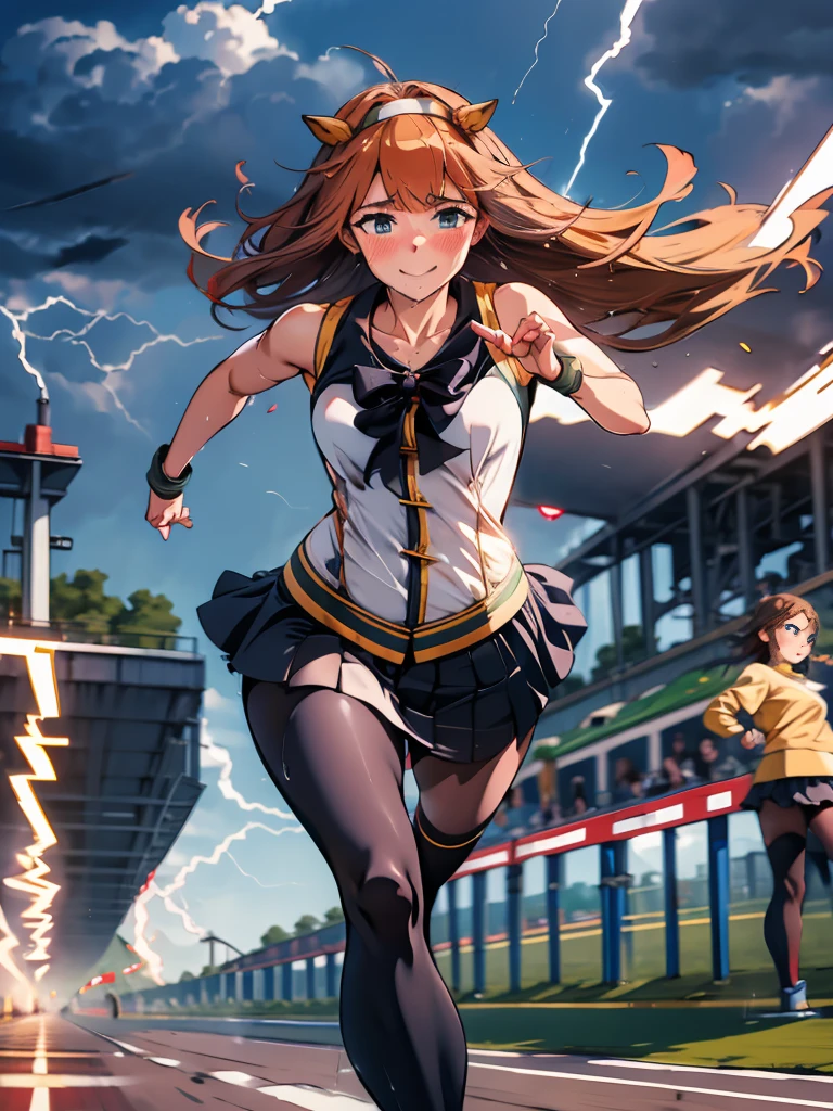 Many daughters、shout out loud、Shout with a smile、Best image quality、High resolution、masterpiece、super high quality、Arena、Racetrack、The wind is blowing、Run、颯爽とRun、Sweaty、Very short pleated skirt、Heavy breathing、Blushing、4K quality、Black Pantyhose、Voluptuous thighs