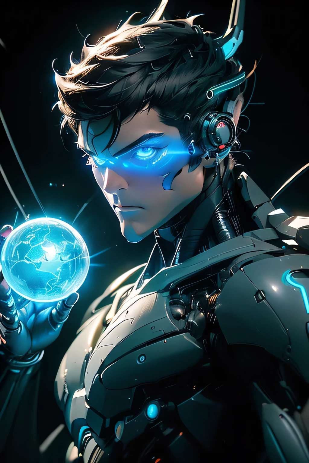 Intelligent Bionic Robot、male、Cyborg Robot Parts、cable electric wireicrochipright studio、(hyperphotorealism、high-detail、intricate detailes、finelighting, rendering by octane、portrait), neon blue Lights, Unreal Engine 5 Renderechanical Public Enemy Style、8K、top-quality、masterpiece、Low ISO、White Balance、high key lighting、Creates a soft and graceful feel with a shallow depth of field,超A high resolution,muscular, cyberpunked,black hair, mechanisms body, blue orb in body