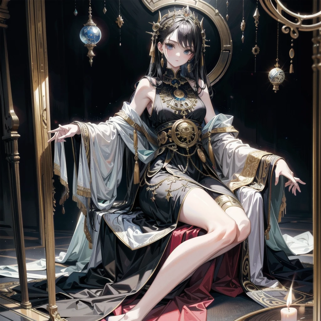 absurdres, RAW photo, extremely delicate, extremely beautiful, masterpiece, Best Quality, ultra high resolution, 32k, hyperrealistic, ultra-detailed description, perfect anatomy, correct body, ideal ratio of body proportions, pale skin, 20 years old, detailed beautiful face, detailed beautiful face eyes, tearful mole, earring, long medium hair, black hair, tits, whole body shot, intricate ornate costume, poncho, a magical occult fortune teller's mansion, old antique furniture, crystal ball, tarot cards, candlelight,