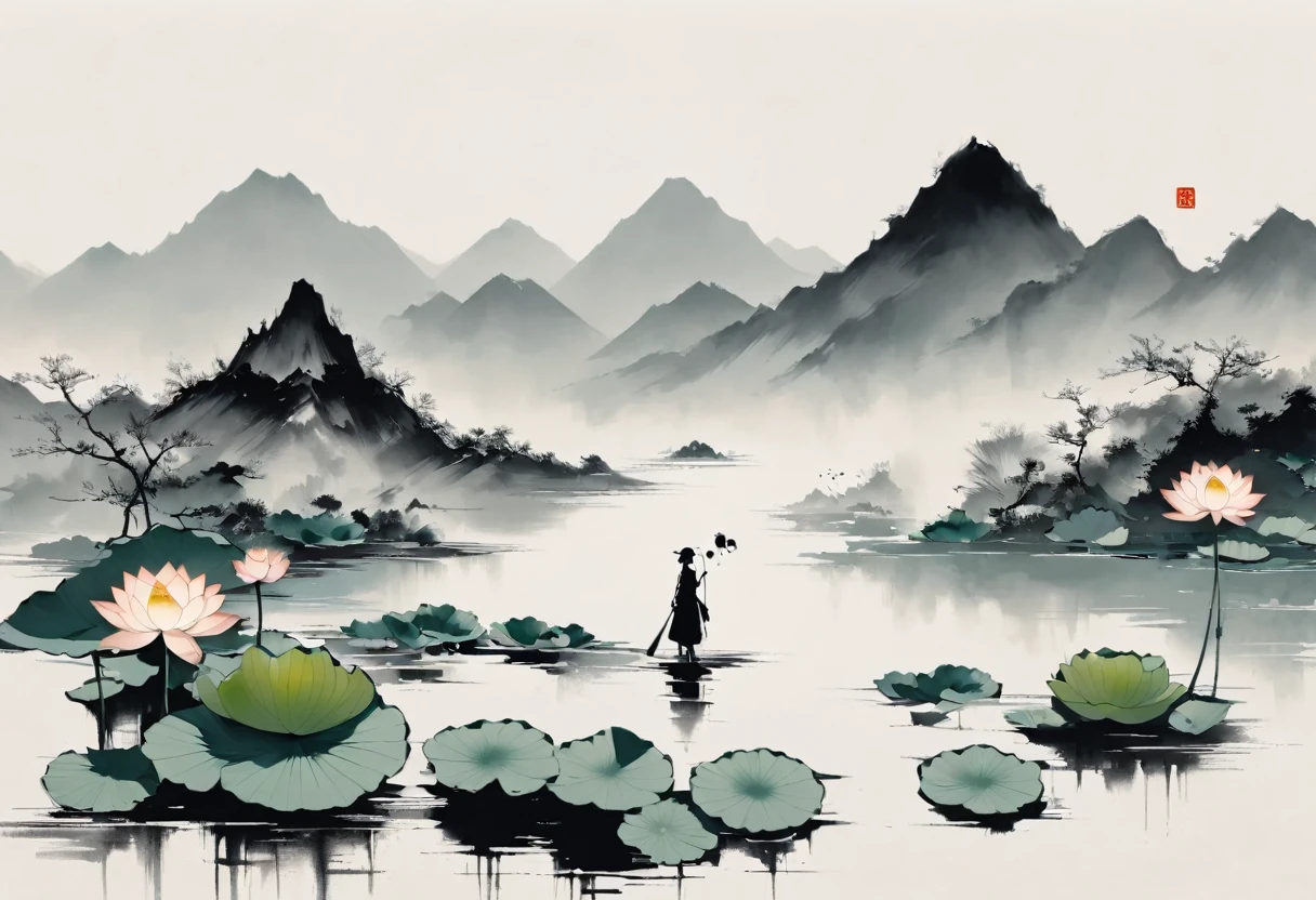 大量留White,White, White色背景, simple, Minimalism, Abstract,Mode,Aesthetic,黑与White,Ink Painting,,Lotus,Mountain,Girl drinking tea in the distance