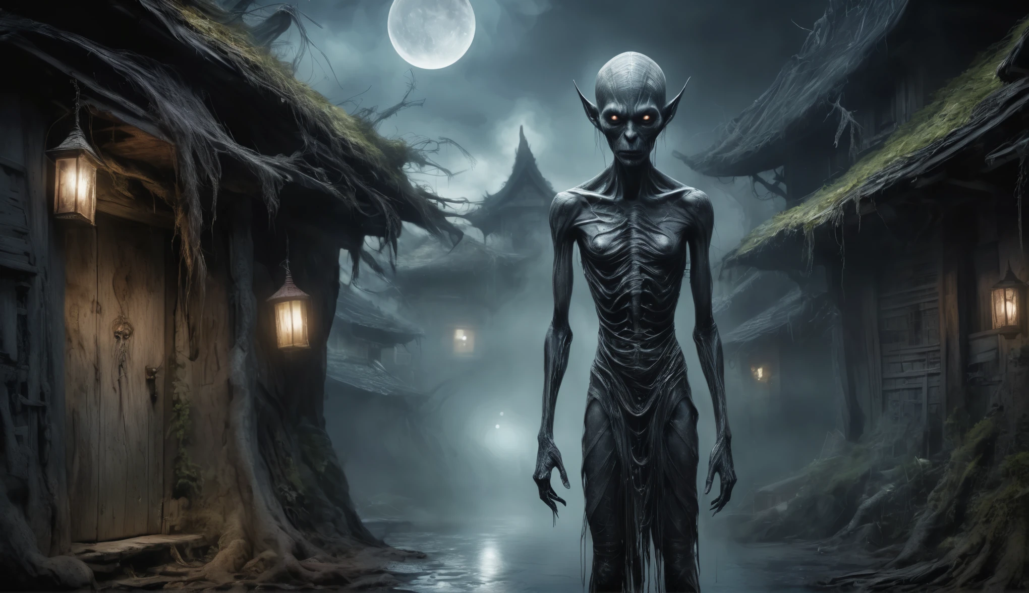 full body length shot,very beggar niobium graphite mummy of Alien Entity,native africa sparas, wants eat,Korea,azctec city,Cinematic,soft colors, Technicolor,natural skin textures, hyper realism, hyper detailed,Extremely detailed,High contrast,Masterpiece,Realistic,Ultra Detailed, intricate details,realistic humid leather,extremly intricate,Epic Realistic, cinematic style, irina yermolova,high contrast,hdr,extremely detailed, [deep night landscape],masterpiece, intricate details, eyes extremely detailed, high detailed eyes,8k resolution,retina, Nikon Z9,Korean orc,Li River in Guangxi Zhuang of Korea,perfect, Elf，transition between two art styles, Double contact, X-ray, Creative, vivid light, fantasy, Abstract fairyland,  Surrealism, super detailed, high resolution, trap against fairies between houses in air,insanity wear,Her skin is pale, almost translucent, he wears dark,, symbols of mourning and gothic elements, further emphasizing its dark air. is portrayed as a haunted and tormented entity,close up
