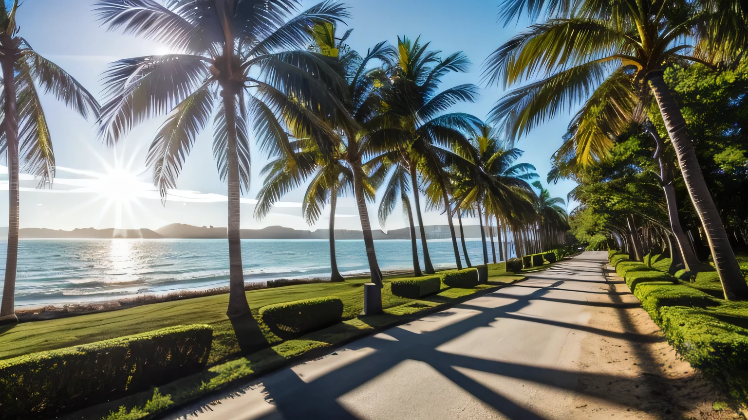 Ocean　Palm tree　Sunlight filtering through the trees