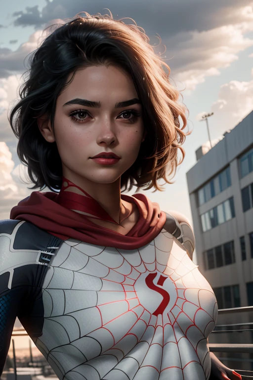 18 year old girl, white Spider-Man suit, Spider-Man hood wrap, rain, roof, masterpiece, exquisite details