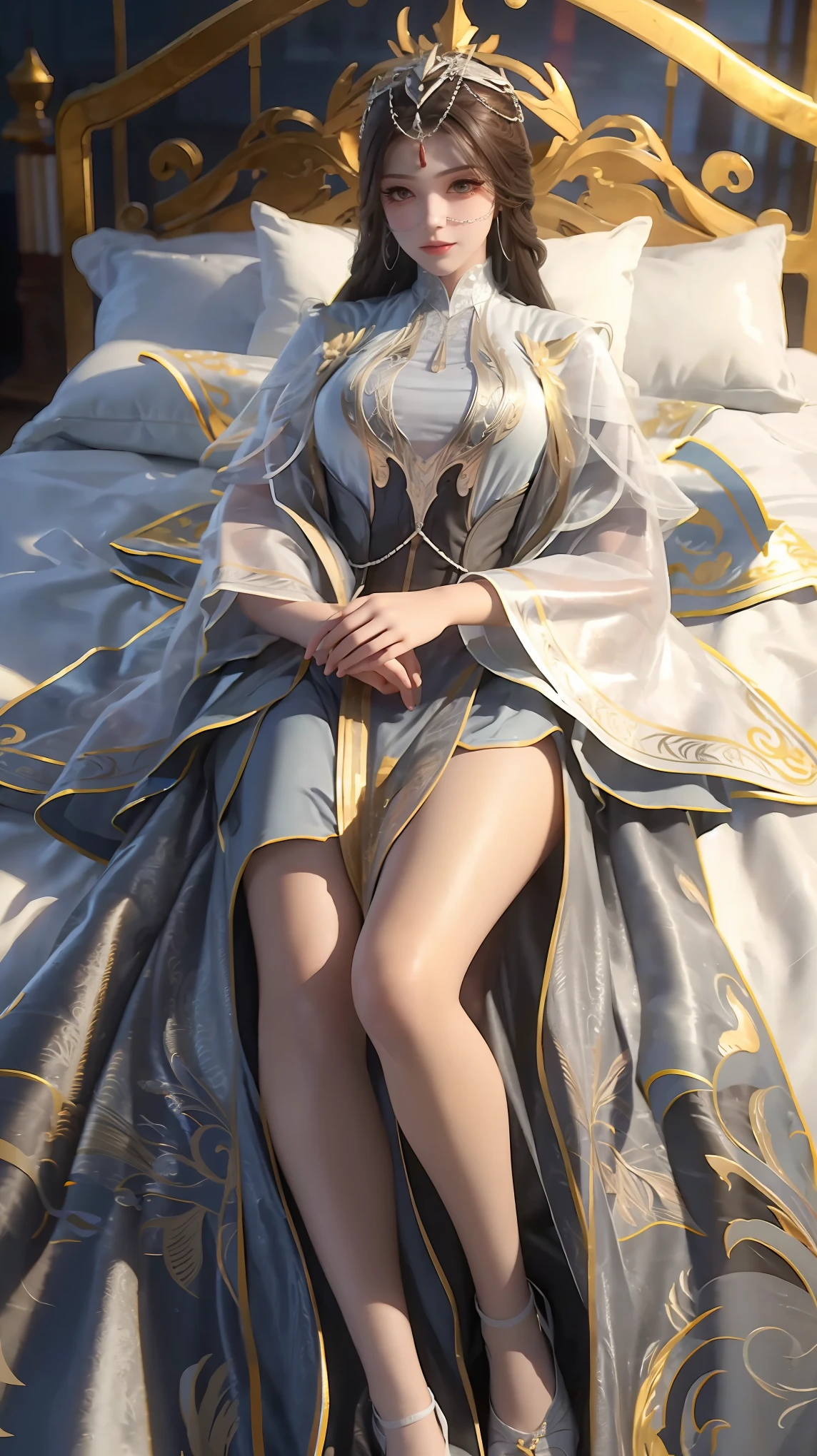 a girl in a white long dress lying on a large bed, full body shot, high quality, 8k, extremely detailed, beautiful detailed eyes, beautiful detailed lips, extremely detailed face, long eyelashes, photorealistic, vivid colors, soft lighting, bedroom interior, elegant, serene, dreamy