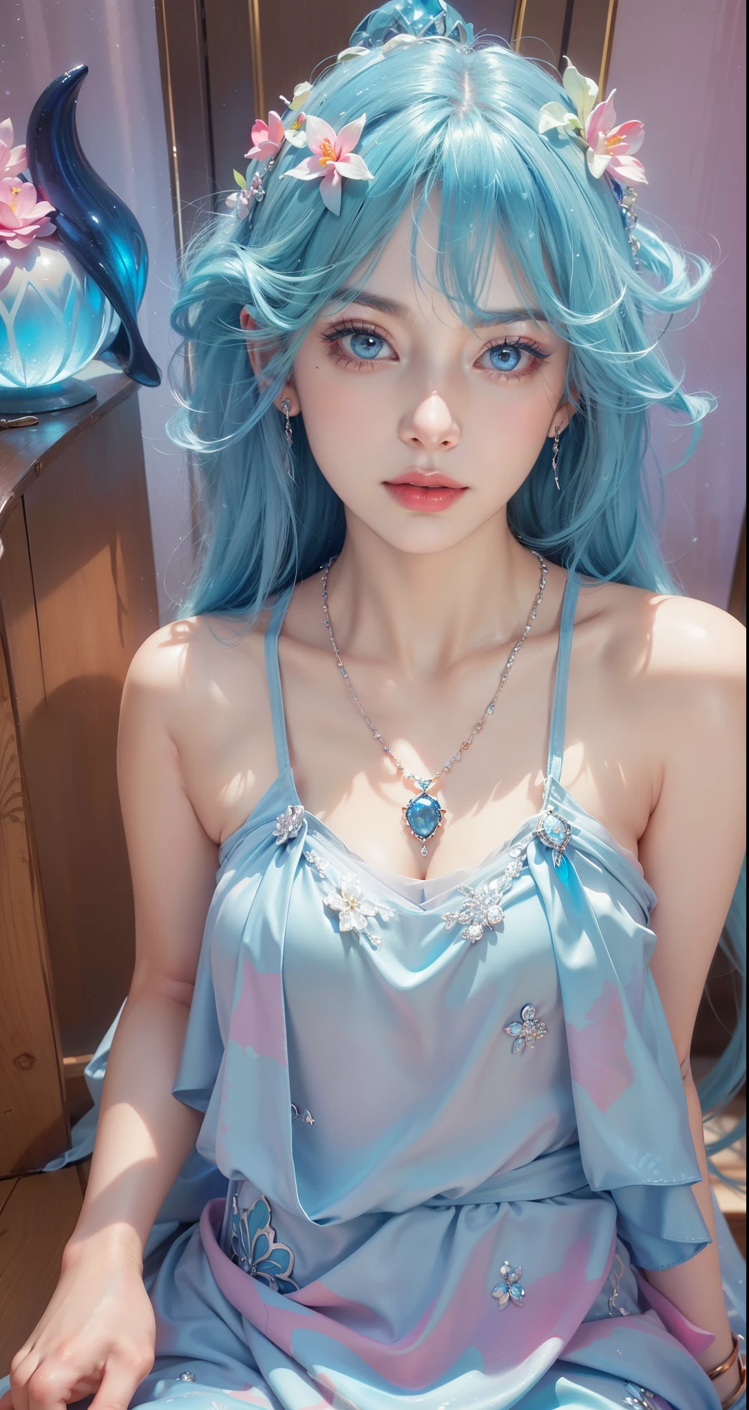 Super detailed, Delicate face, Realistic style, Stock Photography , rich and colorful, Surrealism, Realistic textures, Dramatic Lighting, Thin Film Distiller 800 (8K, original photo, Better quality, masterpiece: 1.2), Super detailed, (Extremely delicate skin: 1.2), 8K Ultra HD, SLR camera, Soft Light, high quality,Snow Queen,ice castle,Blue pupils,Apply red lipstick,Tattoo goddess,With tattoo pattern,Ultra-clear portrait,Wearing necklace jewelry,apply lipstick,Wear heavy makeup,The facial texture is very clear,Beautiful tattoos on the body,Deep blue eyes(Sapphire-like pupils),A crown of luxury,Diamond necklace,Lace Print,Beautiful goddess,Gorgeous and exquisite jewelry,