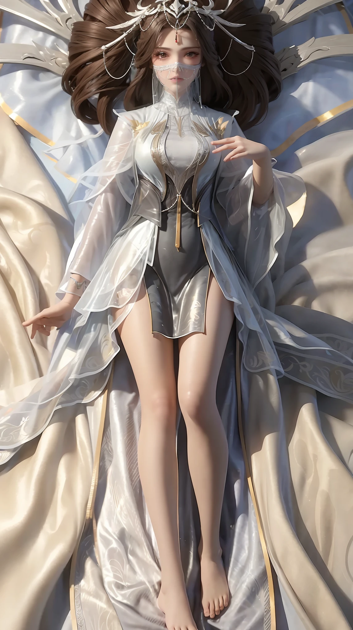 A girl，Ultra high quality，high resolution，Wearing a white dress，Layered Skirt，The background is a big bed，The whole person lies on the bed，Full body view，Full body capture，barefoot，Legs slightly raised，Place your hands up on the bed