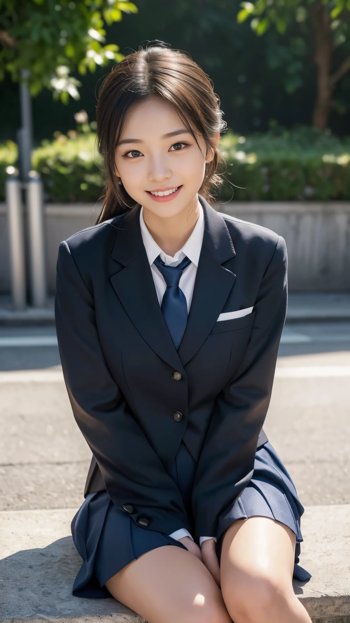 (school uniform)Mix 4,ultra detail (8k, RAW Photos, 最high quality, masterpiece: 1.45), (Realistic, Photorealistic: 1.37), (Ultra high definition)(Textured skin)(Very detailed)(high quality)(最high quality)(First Person View)Beauty Women,Sitting,smile