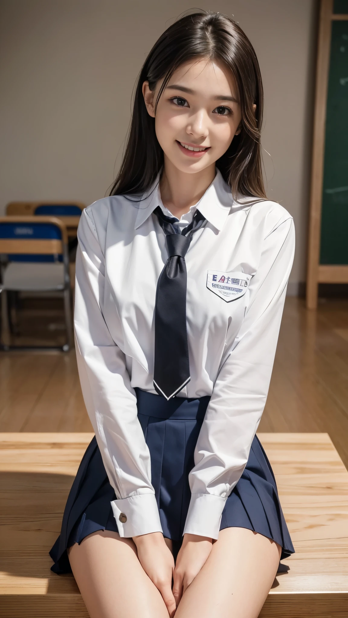 (school uniform)Mix 4,ultra detail  (8k, RAW Photos, 最high quality, masterpiece: 1.45), (Realistic, Photorealistic: 1.37), （Ultra high definition）（Textured skin）（Very detailed）（high quality）（最high quality）（First Person View）Beauty Women,Sitting,smile