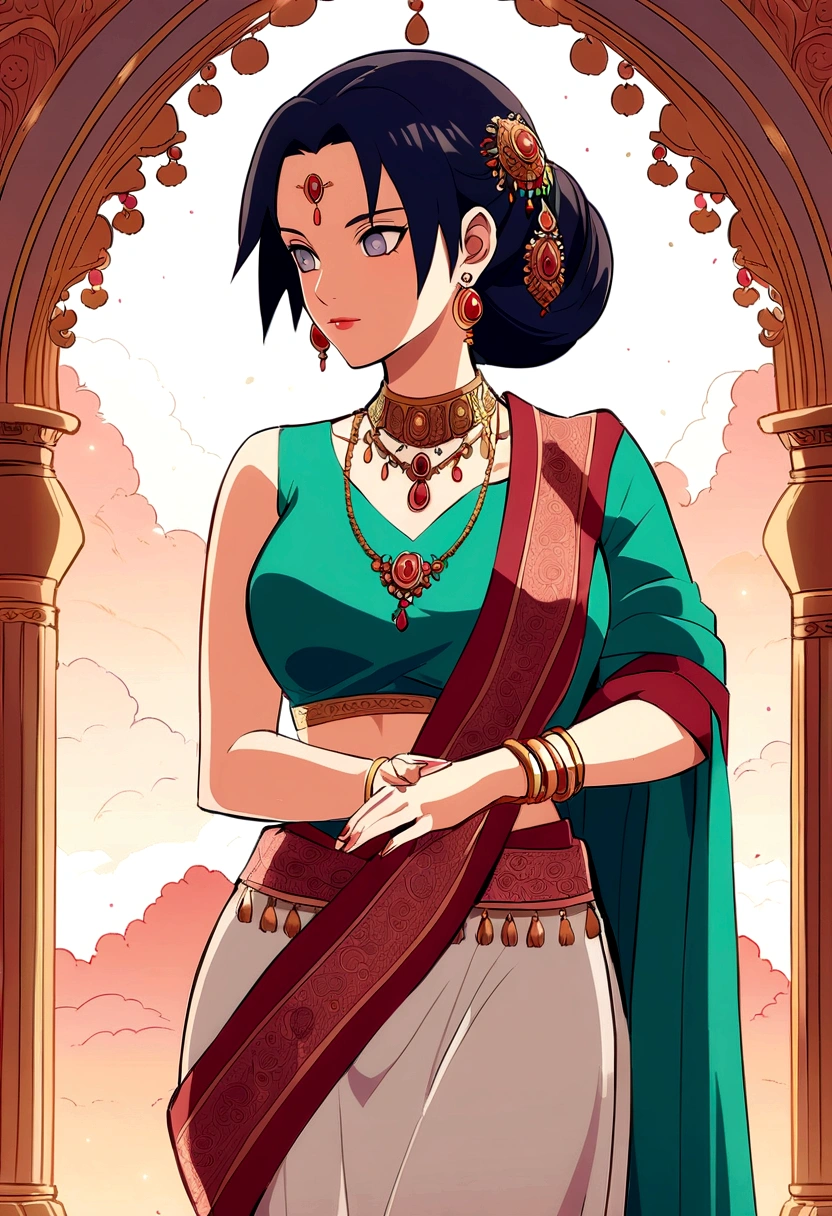 Hinata Hyuga (from Naruto),A beautiful, traditional Indian saree. You can choose a specific region's style for the saree, like Kanjeevaram or Banarasi.
The saree can be a pastel color that complements Hinata's hair and eye color, or a vibrant color that reflects her newfound confidence.
Include elegant jewelry like bangles, earrings, and a necklace that would suit Hinata's personality, Hinata standing gracefully, perhaps with one hand behind her back, and the other hand curved at her hip,Anime style with a focus on capturing Hinata's gentle beauty and newfound confidence,Indian dress,Hinata,HinataHyuugaNDV