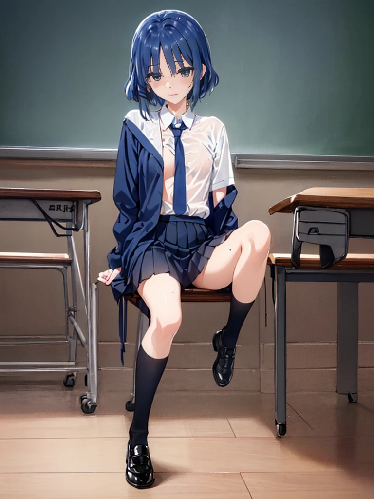 Ryo Yamada，The original, (Sit at a classroom desk:1.4)，(Very clear，HD，detailed:1.3)，Bright Light，Looking at the audience，(illustration: 1.1),beautiful， (Taking off clothes:1.5)，(best quality), (masterpiece: 1.1),(is ：1.3）， Slender legs,（White lining, Dark blue pleated skirt），（Black stockings：1.3），Black leather shoes，Short navy blue hair, Golden eyes，(Beautiful clear background: 1.25), (Very detailed CG Unity 8k wallpaper: 1.1), 1 girl, Right side bangs,Left side air bangs， Stunningly innocent symmetrical face, shirt, sentiment,(Pure face_V1:0.7),(wet clothing:1.3),(visible nipples：1.underwears:1.1)