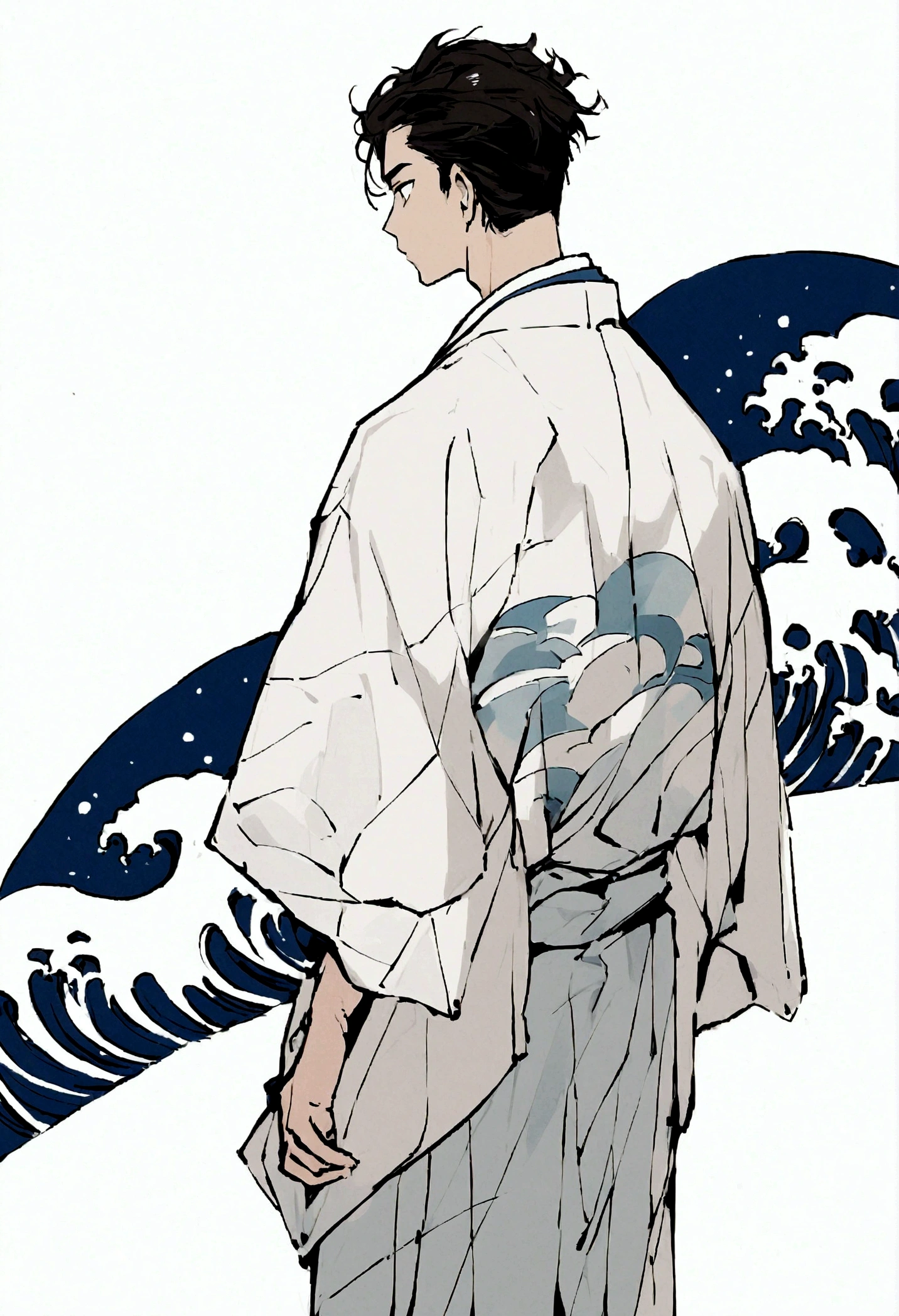 Japanese boys illustrator wearing Japanese clothes, back with a sea wave design, zoom out, white background,