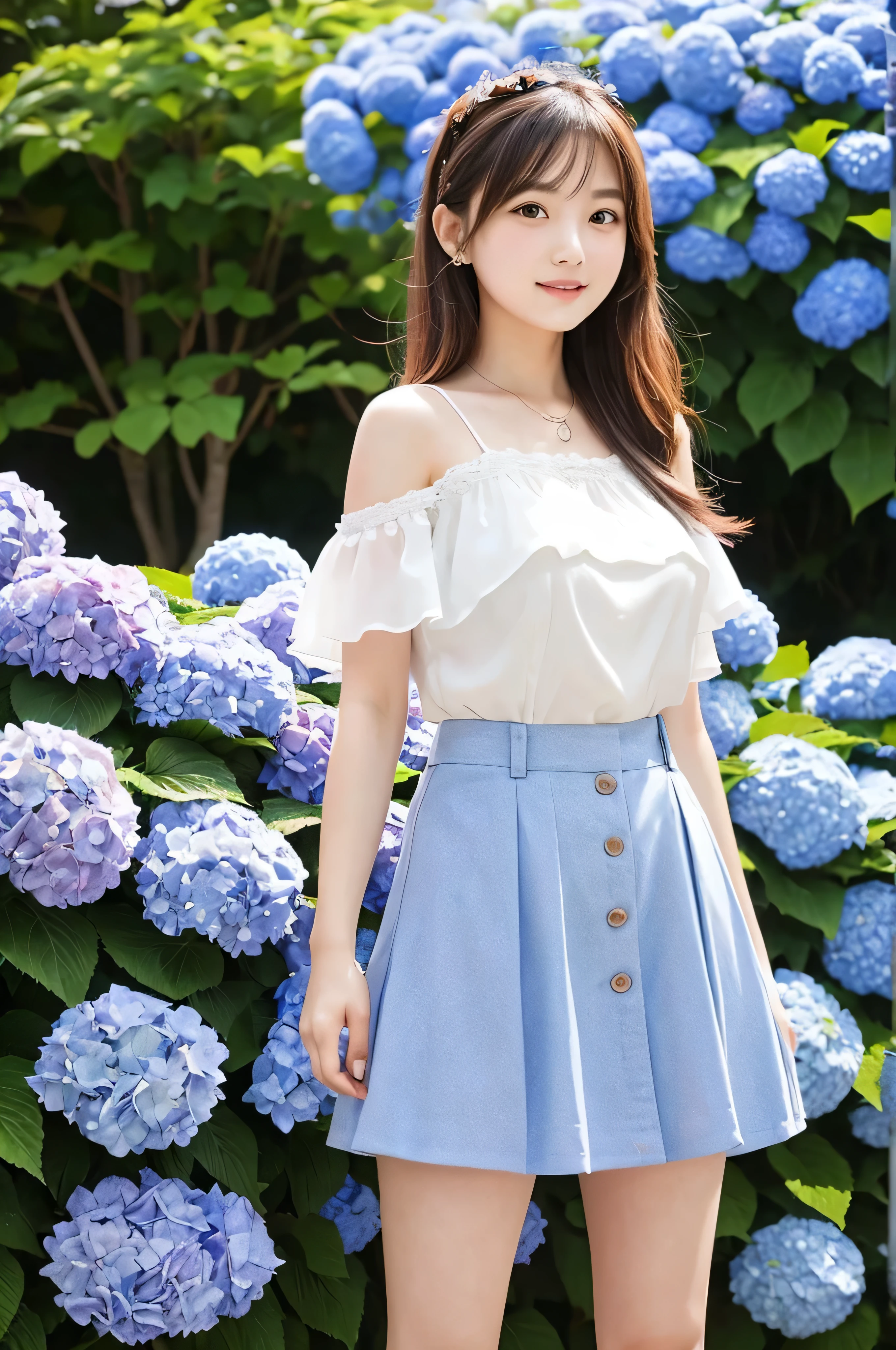 A cute 20-year-old girl standing in a park with hydrangeas in bloom(mini skirt)