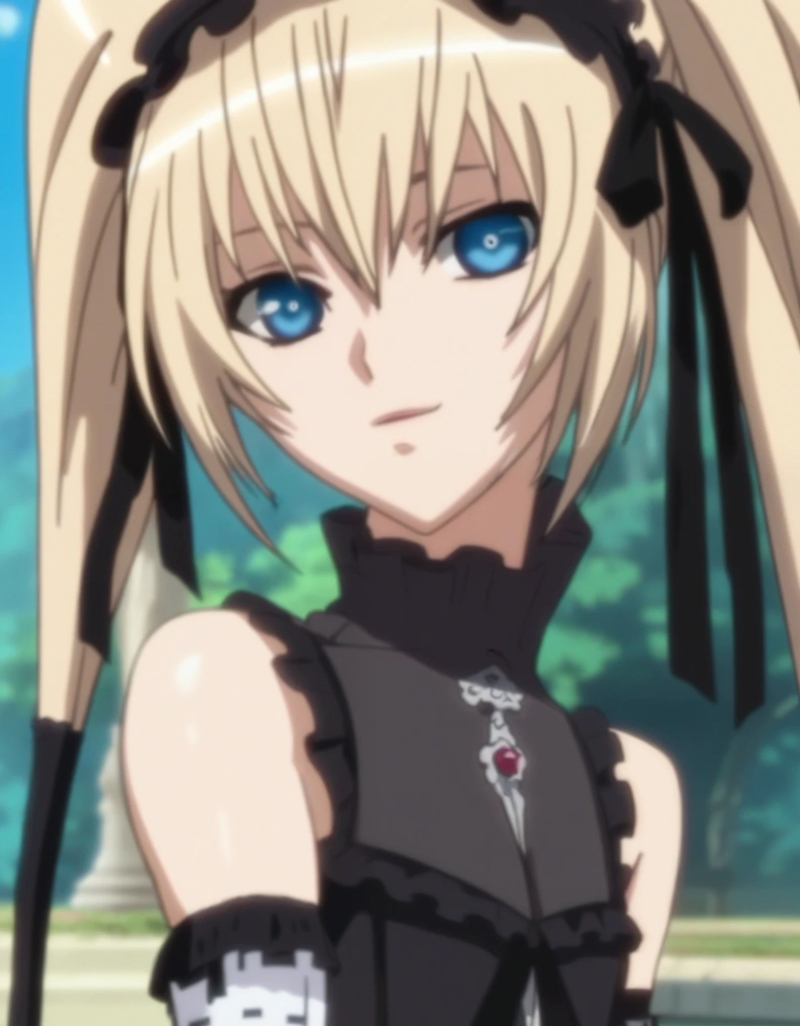 score_9, score_8_up, score_7_up, source_anime, 2d, Ekaterina Kurae, 1girl, blond hair, twintails, low-tied long hair, hair ends, blue eyes, black headkerchief, black dress, black ribbon, black elbow gloves, thighhighs, anime coloring, anime screencap, detailed eyes, zPDXL, perfect faces, uncensored, rating_explicit