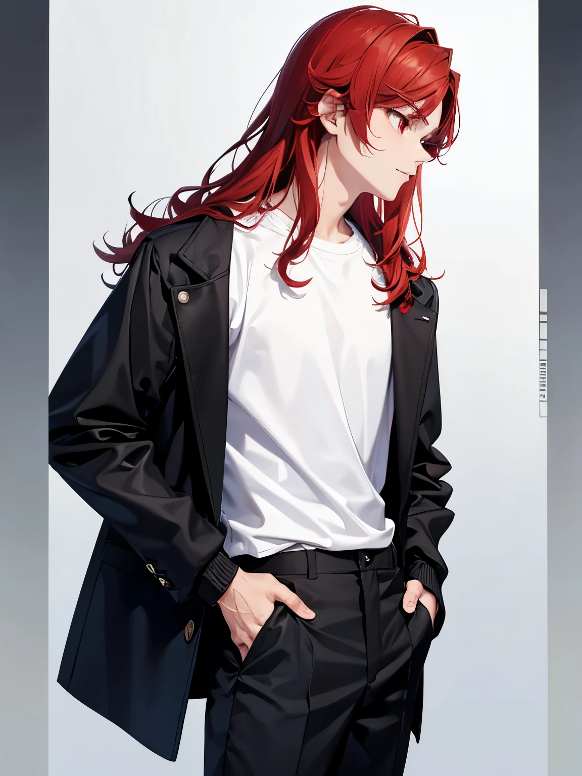 1boy,18 years old,standing,Facing right, camera angle from the side, photo from the side, looking away,cool,middle parted hairstyle,Standing facing backwards,talking,Curly hair, red hair, red eyes, long hair, vampire, handsome,,, standing,close up photo,White t-shirt, black jacket,long-sleeved shirt, black trousers