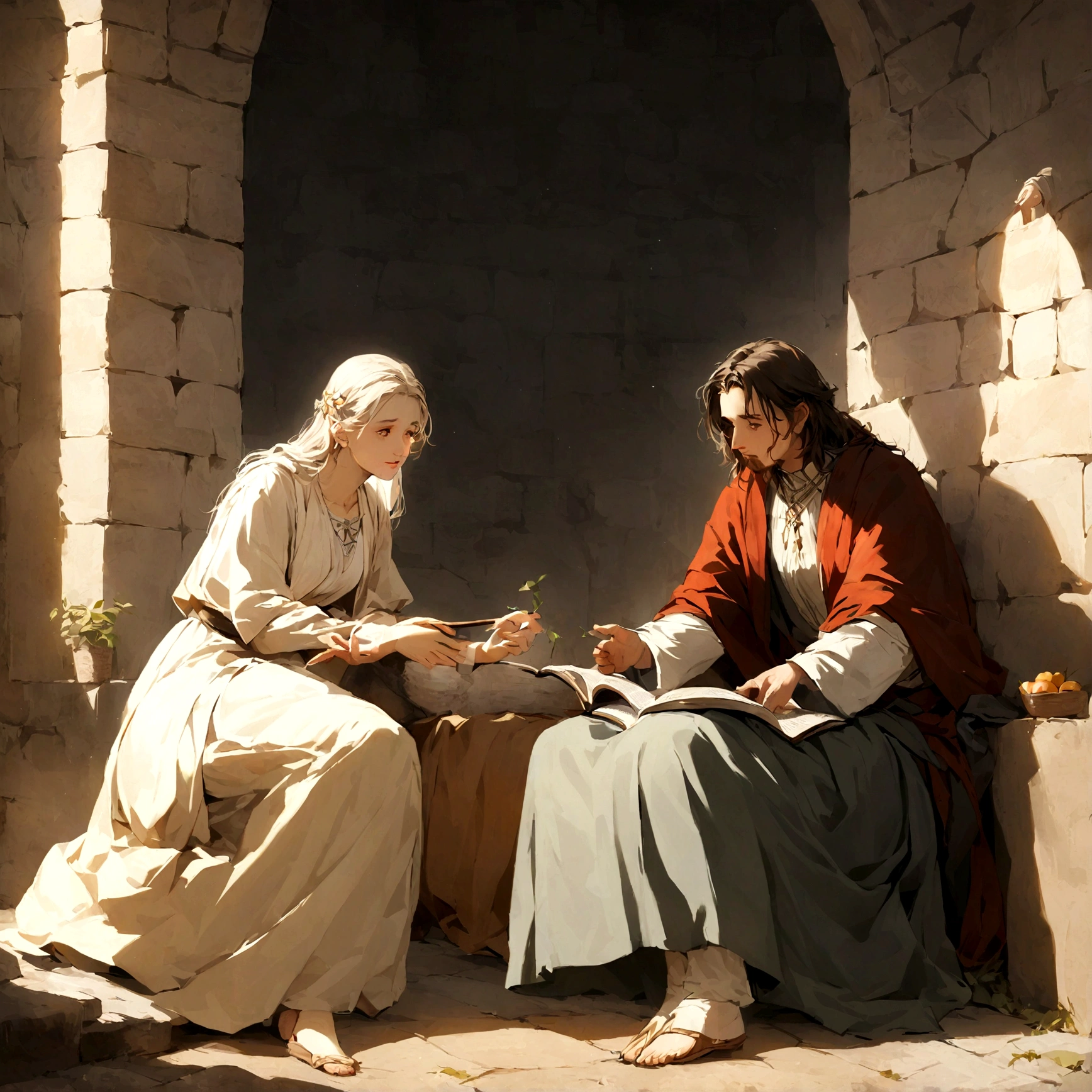 Por favor, Create an image of a woman and a man sitting on the floor, listening intently as Jesus tells them Bible stories. man and woomen should be delighted and involved,  with a soft and engaging expression. A cena deve transmitir a atmosfera de calma e aprendizado, with details that refer to the historical environment.Por favor, create this image to capture the timeless moment of teaching and connection between Jesus and children through the biblical stories."