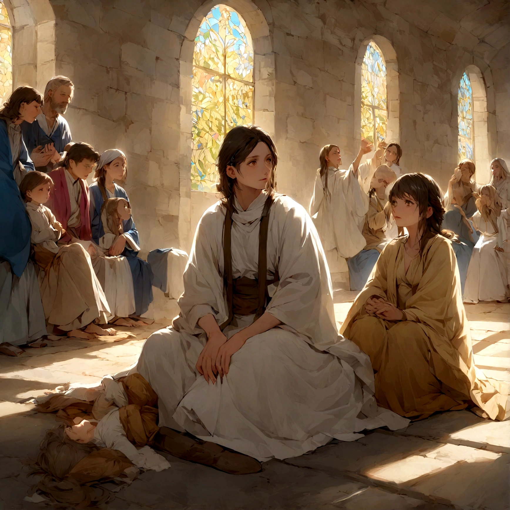 Por favor, Create an image of a woman and a man sitting on the floor, listening intently as Jesus tells them Bible stories. man and woomen should be delighted and involved,  with a soft and engaging expression. A cena deve transmitir a atmosfera de calma e aprendizado, with details that refer to the historical environment.Por favor, create this image to capture the timeless moment of teaching and connection between Jesus and children through the biblical stories."