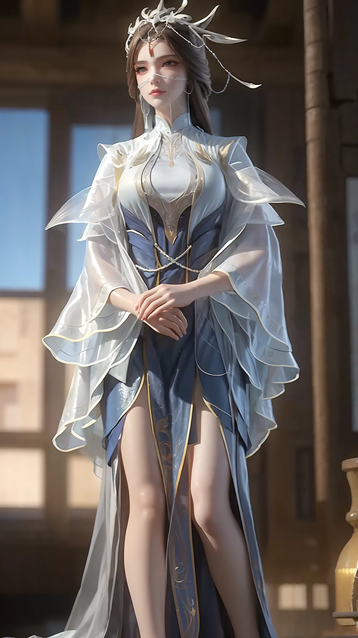 a beautiful woman in a long white dress laying on a large bed, multiple layered dress, full body view, full body capture, barefoot, legs slightly raised, hands resting on the bed, (best quality,4k,8k,highres,masterpiece:1.2),ultra-detailed,(realistic,photorealistic,photo-realistic:1.37),HDR,UHD,studio lighting,ultra-fine painting,sharp focus,physically-based rendering,extreme detail description,professional,vivid colors,bokeh,portrait