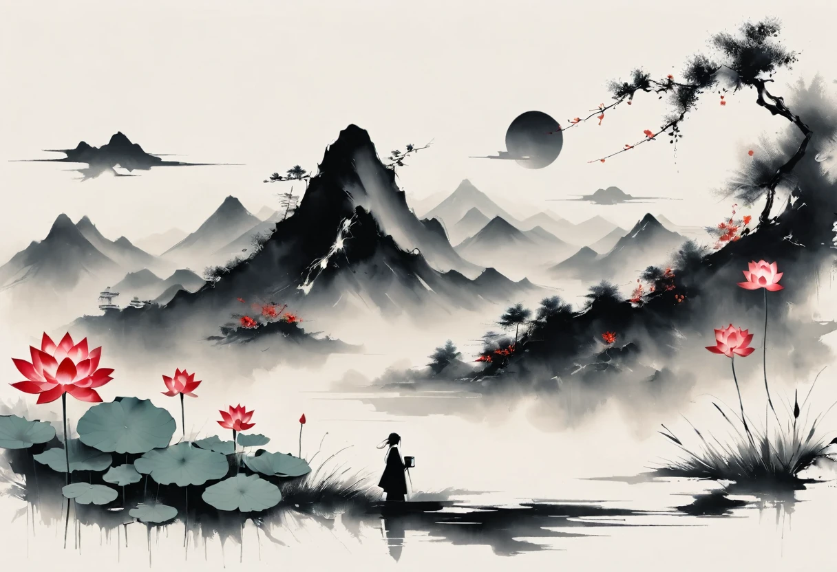 大量留White,White, White色背景, simple, Minimalism, Abstract,Mode,Aesthetic,黑与White,Ink Painting,,Lotus,Mountain,Girl drinking tea in the distance