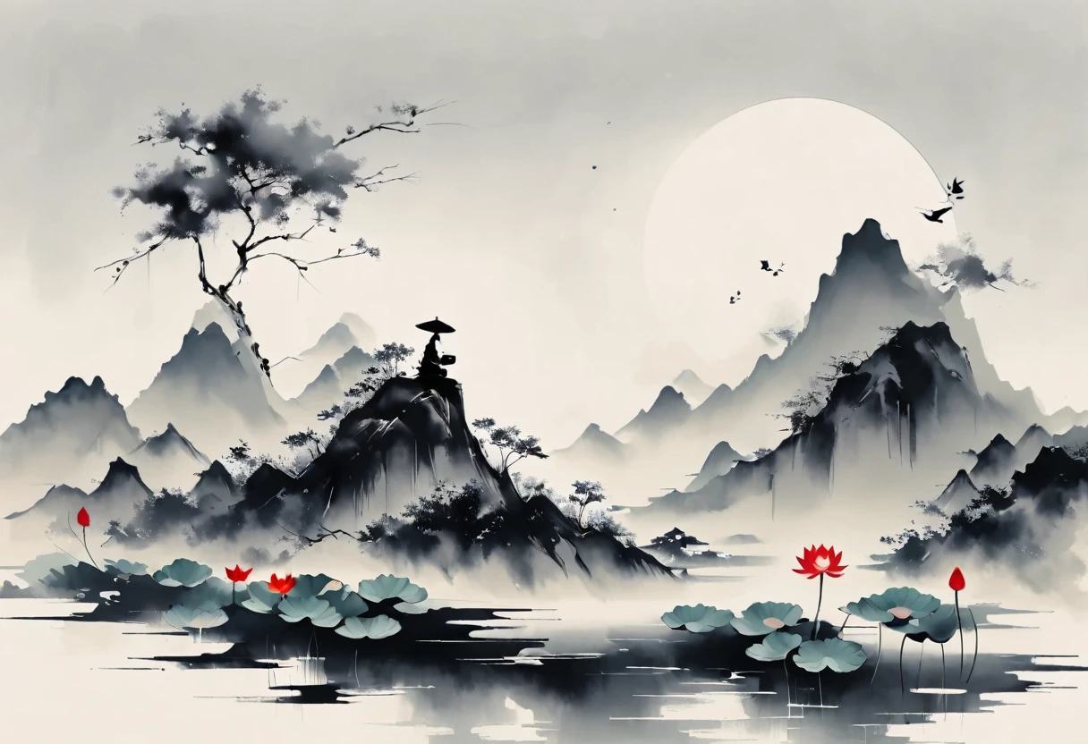 大量留White,White, White色背景, simple, Minimalism, Abstract,Mode,Aesthetic,黑与White,Ink Painting,,Lotus,Mountain,Girl drinking tea in the distance