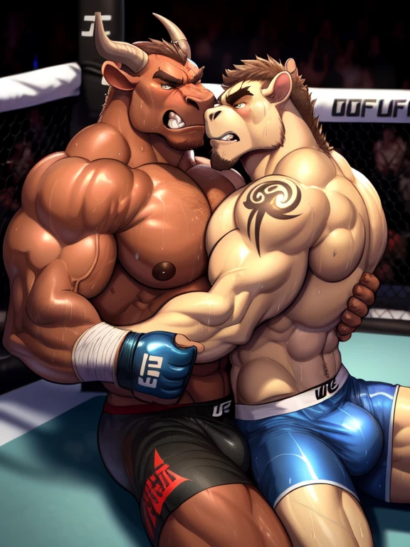 Duo male(Brown Minotaurus vs Brown Minotaurus, handsomes, Thick eyebrows), gay(Lying down on the ring, body on body, cuddling embraced, face to face, on a UFC match), hot(Shirtless), handsomes(They are handsomes, correct anatomy), musculosos(Big muscle bodies, Six packs, muscle abs, big pecs, muscle backs, muscle legs), sweaty(very sweaty wet bodies, shiny sweat), tatuajes(they have tattoos), Angry(Both have an angry expression, growling, steaming breath), UFC gloves(They both are wearing red UFC gloves), UFC boxers(They both are wearing boxers), Hight resolution, by(Zourik:1.1)