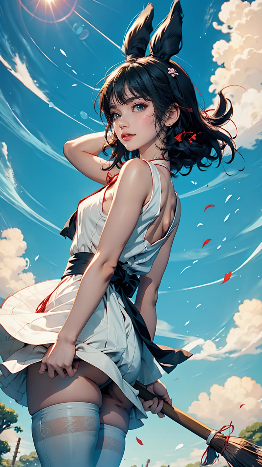 Studio Ghibli「Kiki's Delivery Service」Kiki、Wear a big red ribbon on your head、Black Hair、Shortcuts、、Wear a black dress、Carry a large bag、Holding a magic broom