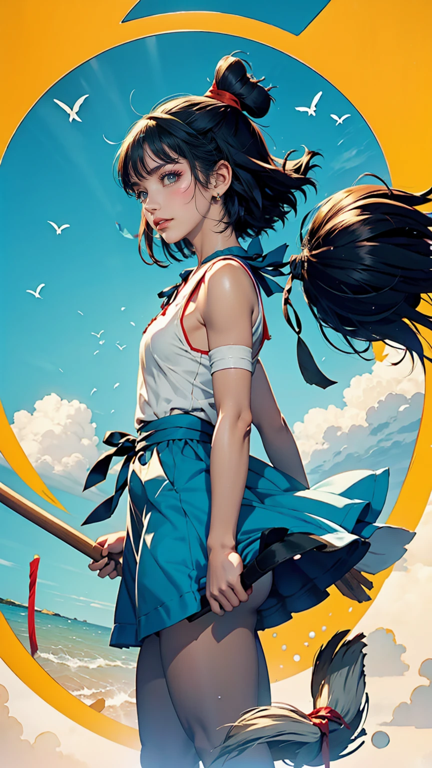Studio Ghibli「Kiki's Delivery Service」Kiki、Wear a big red ribbon on your head、Black Hair、Shortcuts、、Wear a black dress、Carry a large bag、Holding a magic broom