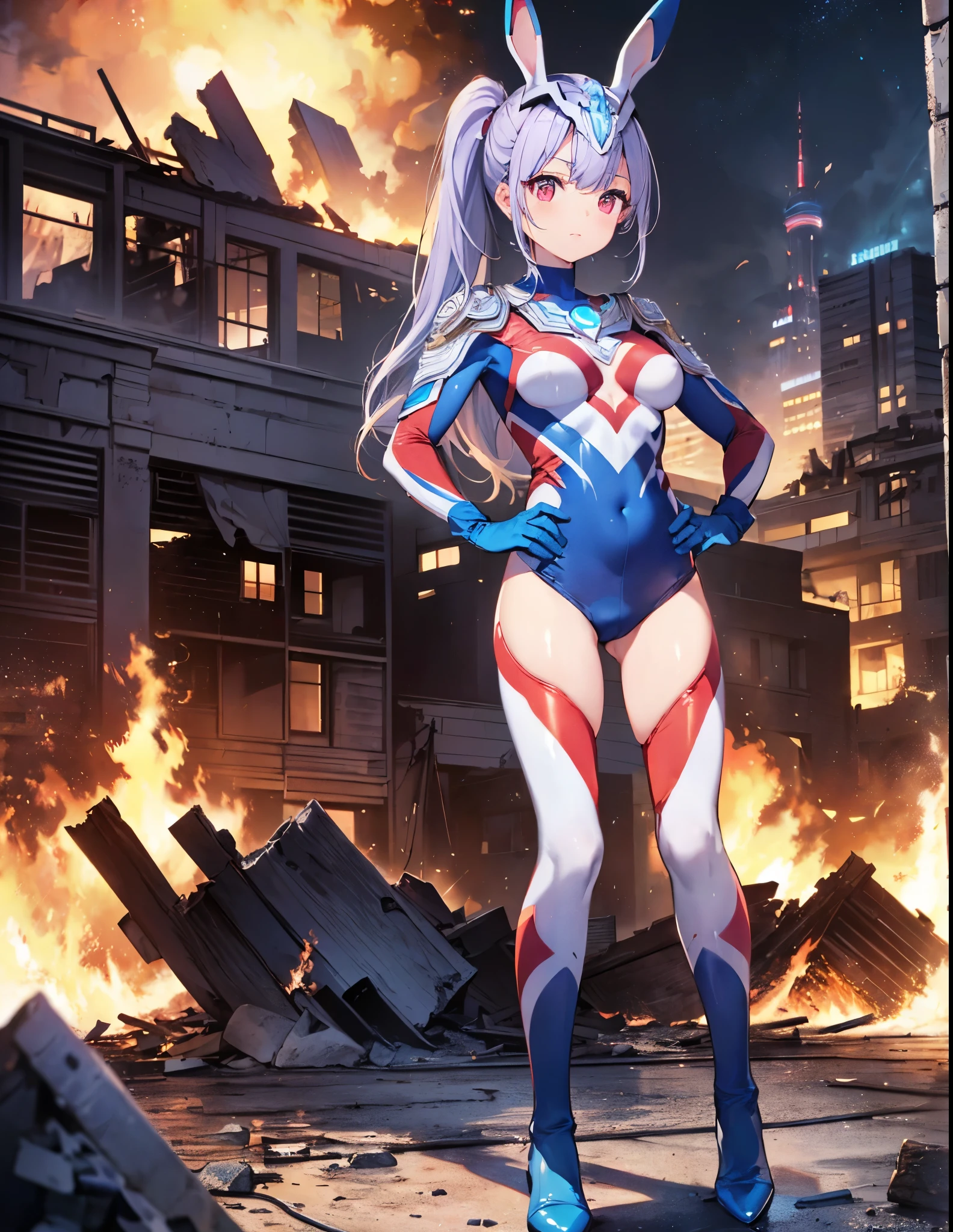 (Close-up:1.3),Realistic,highest quality, Ultra Detail, High-quality CG rendering, The most delicate and beautiful, Floating softly, High resolution, (1 giant girl), (Highest quality,4K,8K,masterpiece:1.2) ,Light purple hair,Rabbit,Bunny ears,ponytail,Red eyes,(Ultra Girl:1.0),(All blue Ultraman bodysuit:1.4),(All blue gloves:1.3),(All blue shoes:1.3), (Clenched Fist:1.2),(Place your hands on your hips:1.2),A city engulfed in flames,(Building engulfed in flames:1.3),(Ruins engulfed in flames:1.3),(whole body:1.3)