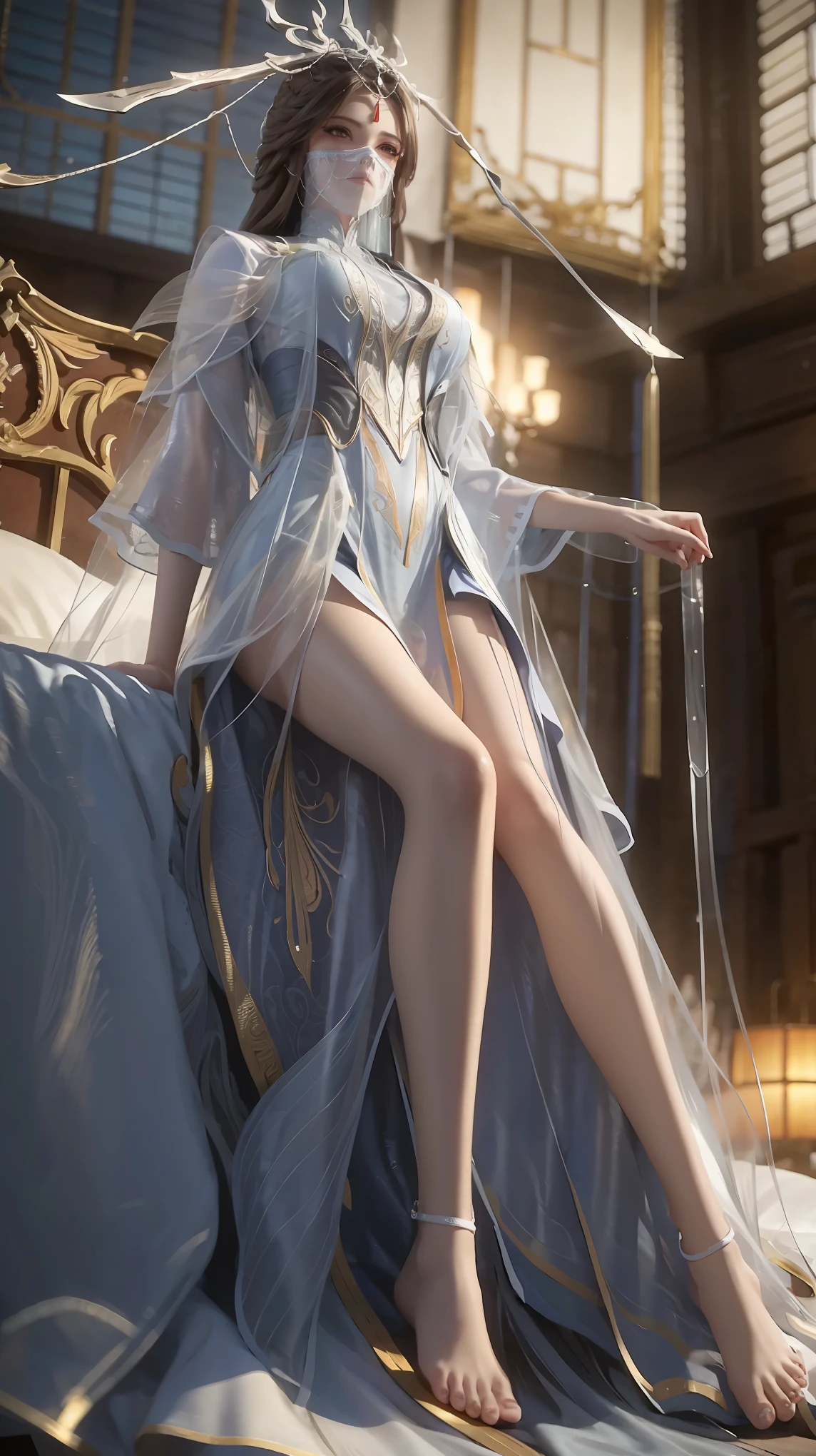 A girl，Ultra high quality，high resolution，Wearing a white dress，Layered Skirt，The background is a big bed，The whole person lies on the bed，Full body view，Full body capture，barefoot，Legs slightly raised，Place your hands up on the bed