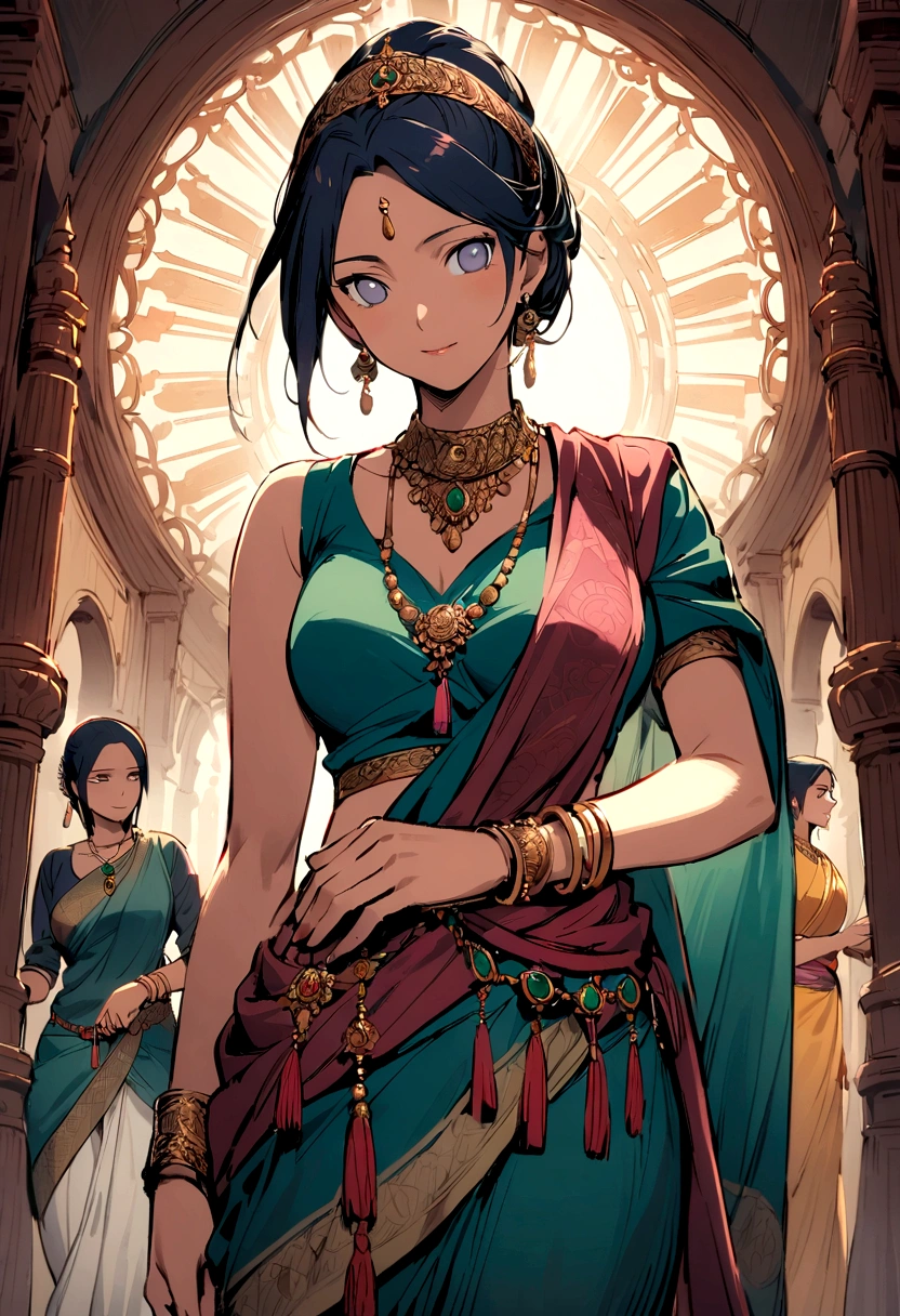 Hinata Hyuga (from Naruto),A beautiful, traditional Indian saree. You can choose a specific region's style for the saree, like Kanjeevaram or Banarasi.
The saree can be a pastel color that complements Hinata's hair and eye color, or a vibrant color that reflects her newfound confidence.
Include elegant jewelry like bangles, earrings, and a necklace that would suit Hinata's personality, Hinata standing gracefully, perhaps with one hand behind her back, and the other hand curved at her hip, focus on capturing Hinata's gentle beauty and newfound confidence,Indian dress,