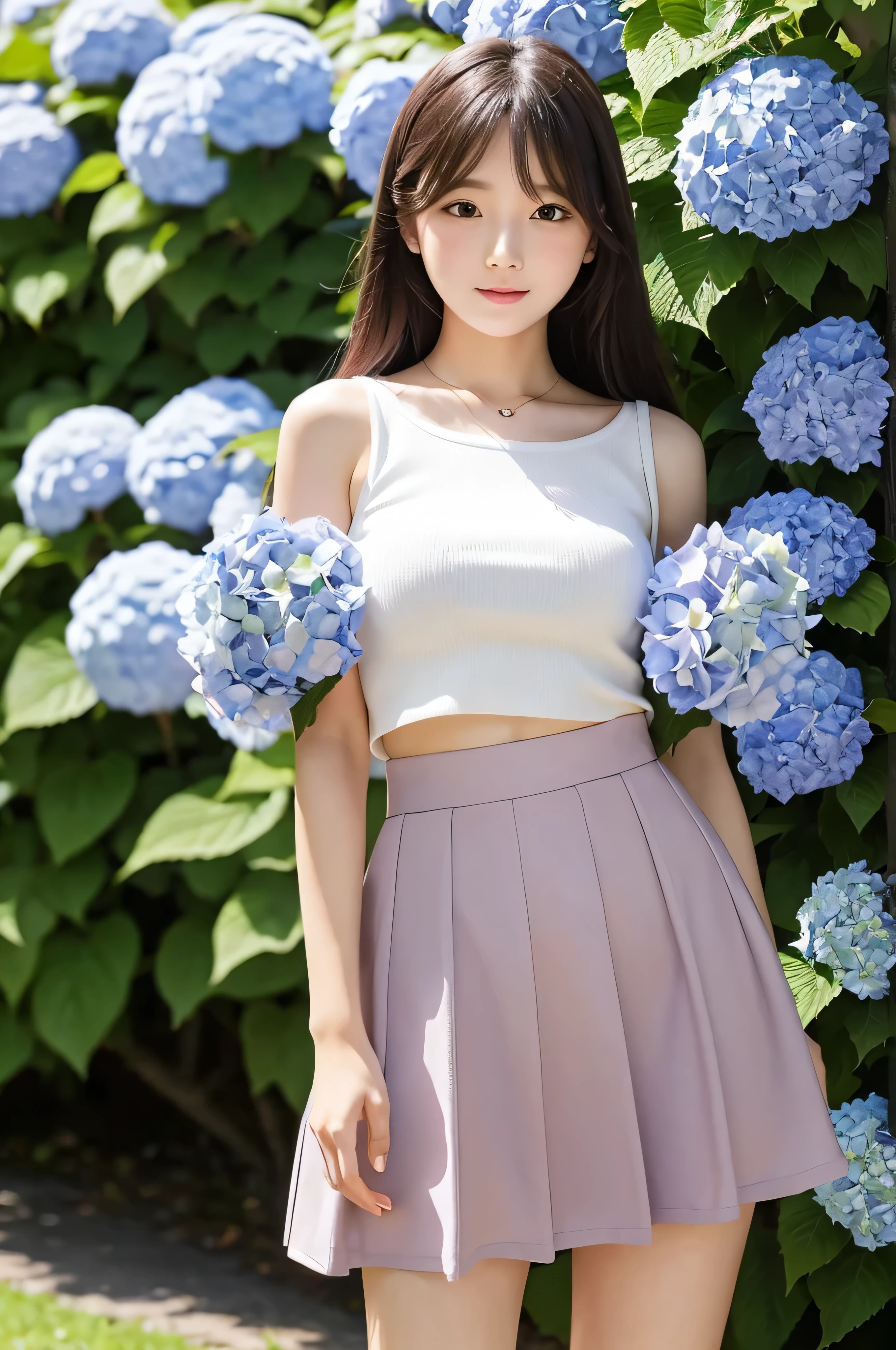 A cute 20-year-old girl standing in a park with hydrangeas in bloom(mini skirt)
