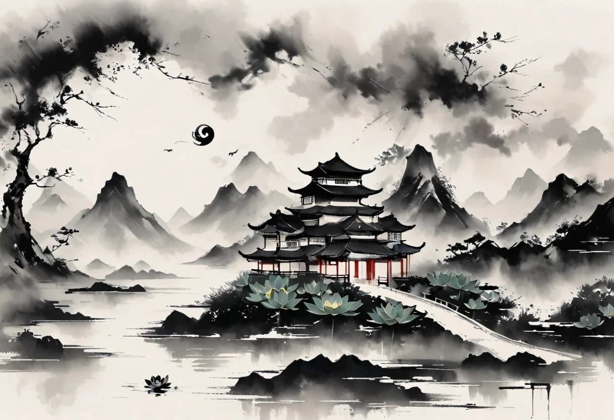 大量留White,White, White色背景, simple, Minimalism, Abstract,antiquity,Aesthetic,Black and White,Ink Painting,,Lotus,Mountain,Girl drinking tea in the distance